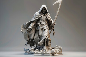 Scary grim reaper with scythe in hell on dark background with dramatic background