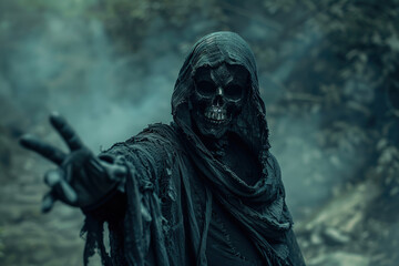 Obraz premium Scary grim reaper with scythe in hell on dark background with dramatic background