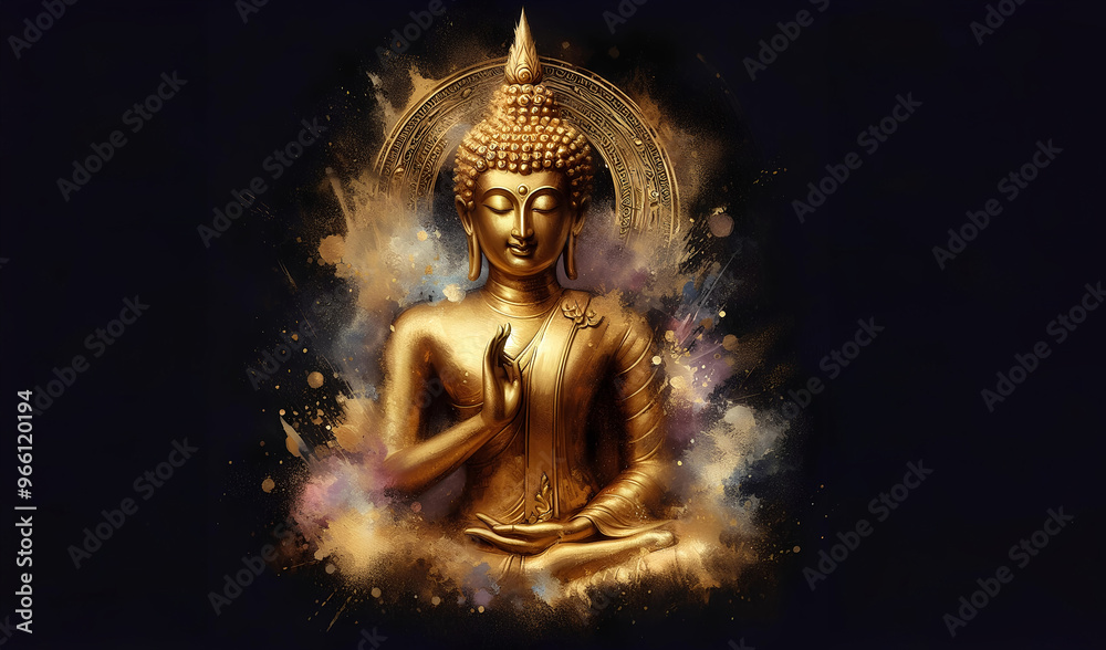 Wall mural The golden Buddha statue is bright and luminous, creating a sense of elegance and sacredness.