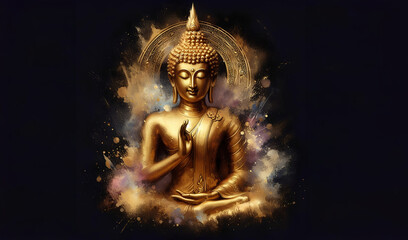 The golden Buddha statue is bright and luminous, creating a sense of elegance and sacredness.