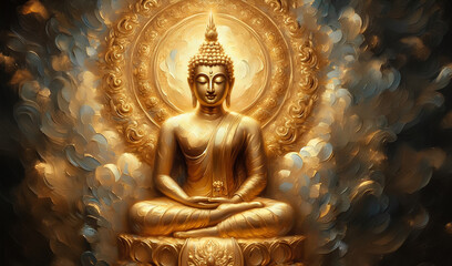 Fototapeta premium The golden Buddha statue is bright and luminous, creating a sense of elegance and sacredness.