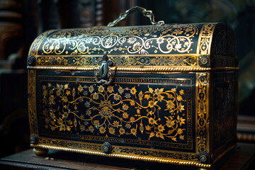 Fantastic treasure from pirate wooden chest with antique gold coins
