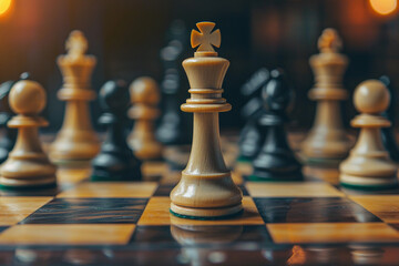 Beautiful chess piece standing on checkered game board during strategic game of chess