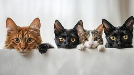 Four curious cats peeking over the edge of a white surface