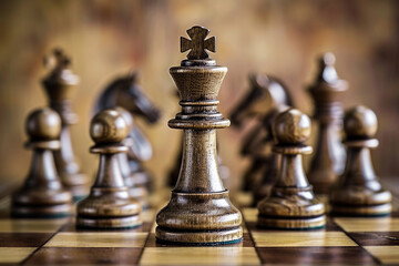Beautiful chess piece standing on checkered game board during strategic game of chess