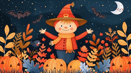 Fototapeta premium Cheerful Scarecrow Surrounded by Autumn Foliage and Pumpkins at Night in a Festive Halloween Landscape