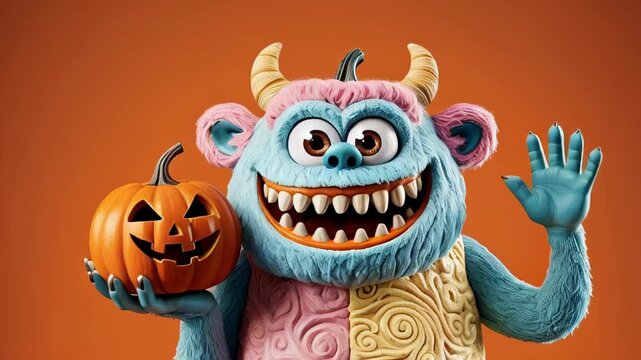 Cute cartoon monster holding a pumpkin on orange background with text 'Halloween". AI generated