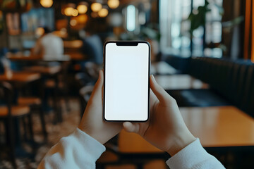 Person holding phone with white screen in restaurant