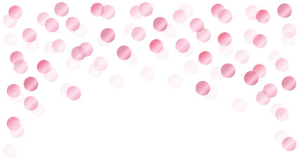 Pink confetti circles scattered on a white background. Abstract festive bokeh lights decoration for design and print.