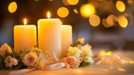 A serene arrangement of lit candles surrounded by soft flowers, creating a warm and inviting ambiance.
