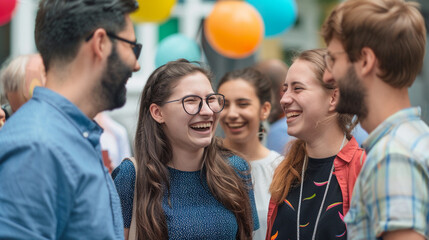 A group of coworkers laughing together during a casual outdoor office party, with balloons and banners in the background.
