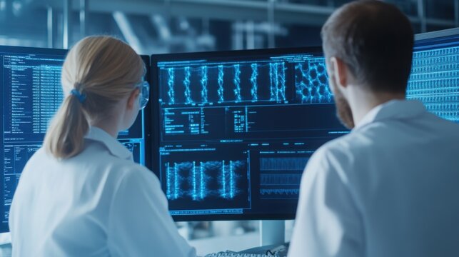 Biotechnology researchers in clean lab coats analyzing DNA sequence data on digital monitors random add