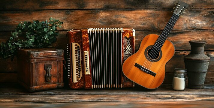 a guitar next to an accordion. 