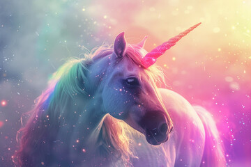 Fantastically beautiful mythological pink unicorn with long horn