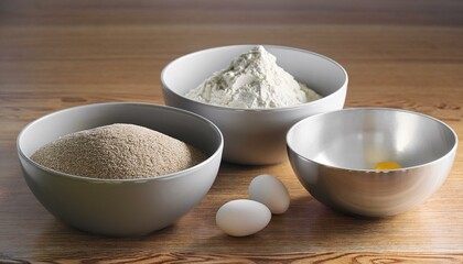 Ingredients for baking arranged in bowls: flour, sugar, eggs, and a wooden surface, perfect for culinary projects.