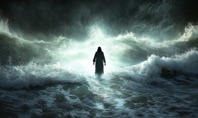 Abstract Jesus Walking on Stormy Sea: Miracle of Faith and Hope. Illuminated Religious Figure Amidst Turbulent Waves for Christian Cultural Marketing, 4K Wallpapers, and Inspirational Campaigns.