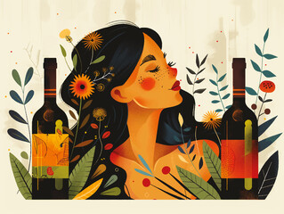 Illustration of a woman drinking alcohol, wine, amongst wine bottles, being an alcoholic, addict, drinker, C2 abuse, alcoholism
