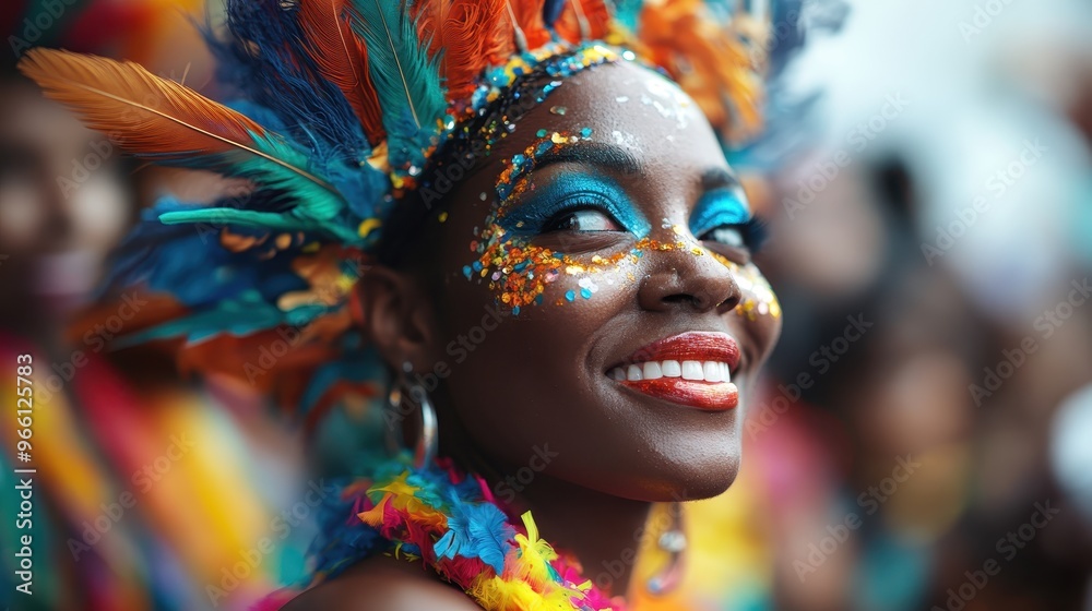 Wall mural a cheerful woman beams with joy as she wears colorful carnival makeup and a headpiece adorned with f