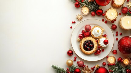 Classic Christmas dinner setup with traditional desserts like mince pies and plum pudding, ornate decorations and candles for a nostalgic holiday feel