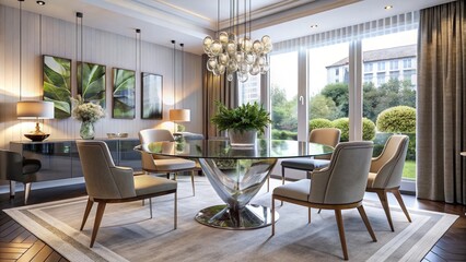 Fototapeta premium A Chic and Modern Dining Area with a Glass Table Ideal for Contemporary Interior Design and Elegant Gatherings