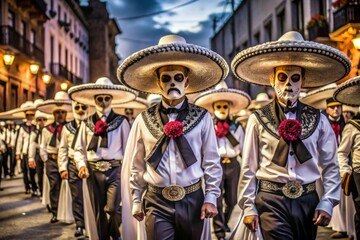 Obraz premium photograph of a vibrant Mexican street parade of faceless women’s and men’s mariachis, where a procession of mannequin-like figures dressed in typical Mexican clothing stands
