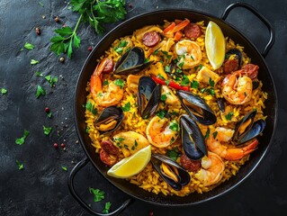 A vibrant and flavorful paella that showcases the rich ingredients and colors of Spanish cuisine, ideal for food blogs, menus, and social media