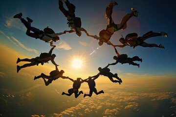 Parachutist with parachute makes heavenly adventure against backdrop of landscape