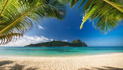 Serene Sunny Tropical Beach with Palm Leaves Framing Paradise Island at Daytime - Perfect Vacation Destination for Relaxation and Tranquility