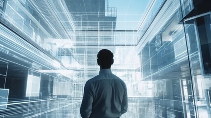 Fototapeta premium Architect Looking at Blueprint of Modern Building