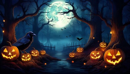 Fototapeta premium Sinister Halloween Night Forest with Glowing Jack-O'-Lanterns, Haunting Raven, and Full Moon