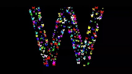 Beautiful illustration of English alphabet W with colorful butterflies on plain black background