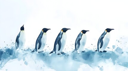 Fototapeta premium Group of Penguins Sliding Down Icy Watercolor Landscape