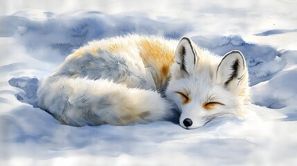 Fototapeta premium Cozy Arctic Fox Curled Up in Impressionistic Snowy Landscape