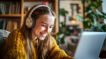 Happy teenage girl using laptop, wearing headphones, smiling while studying or enjoying content at home. cozy atmosphere enhances her joyful expression