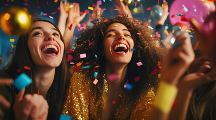 Happy friends celebrate with confetti, joyfully laughing and enjoying vibrant party atmosphere filled with colorful decorations and excitement