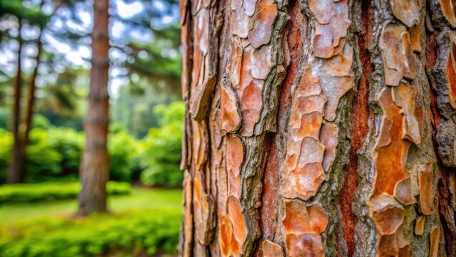 Close up of bark texture of Pinus cembra tree in a botanical garden
