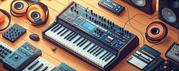 Music production flat design top view studio cartoon drawing colored pastel