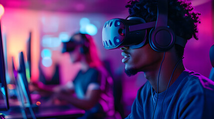 Immersed in virtual reality, young man experiences an engaging digital world while wearing VR headset. vibrant colors and focused atmosphere enhance excitement of gaming