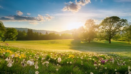 Sunlit Spring Meadow with Blooming Flowers and Lush Trees in Morning Light, Serene Nature Landscape Evoking Peace and Renewal, Ideal for Seasonal and Environmental Themes