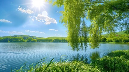 Fototapeta premium Serene Lake with Lush Greenery and a Sunny Sky