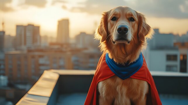 Golden Retriever Dog in Superhero Cape on Rooftop at Sunset with City Skyline