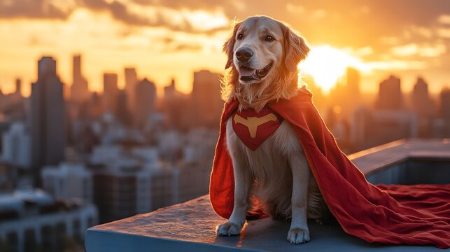 Heroic Golden Retriever in Red Superhero Cape Posing on Rooftop at Sunset with Cityscape