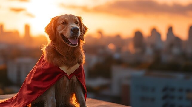 Golden Retriever in Superhero Cape Sitting on Rooftop During Sunset with City Skyline