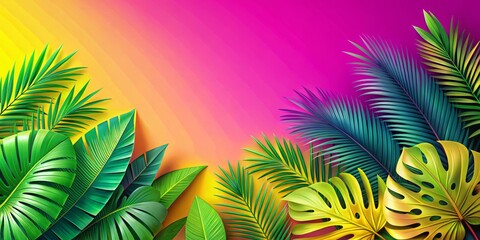 Obraz premium Bright and playful design concept featuring layered tropical leaves in various shades of green against a bold gradient background, transitioning from hot pink to soft yellow