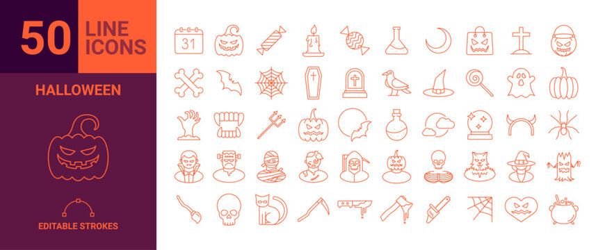 Set of 50 outline icons related to halloween. Linear icon collection. Editable stroke. Vector illustration