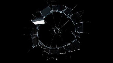 Obraz premium Circular pattern of shattered glass pieces on a black background, showcasing sharp edges and varying sizes of glass fragments radiating outward from a central point.