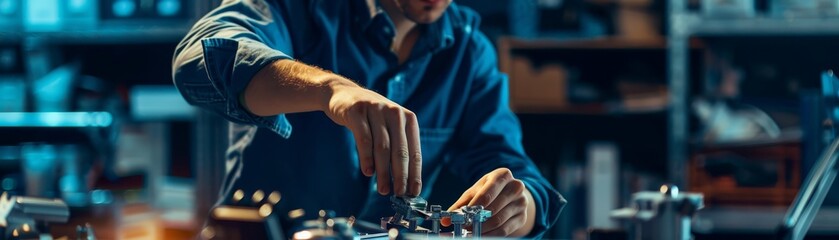 Closeup of a Mechanic s Hands Working on a Metal Part