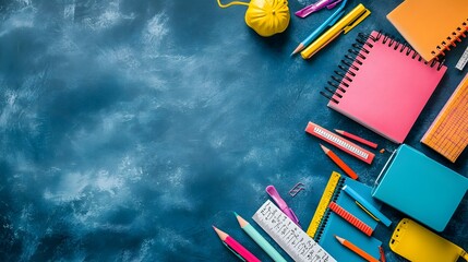 Colorful Scattered School Supplies Watercolor Painting on Desk Background
