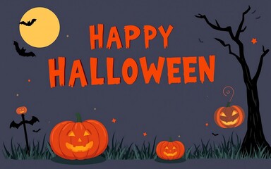 Happy Halloween greeting card with orange pumpkins and black bats on a dark blue background. 
