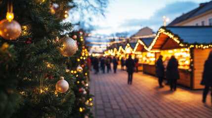 Christmas Market With Festive Decorations And Lights, Xmas Time Crowded Street